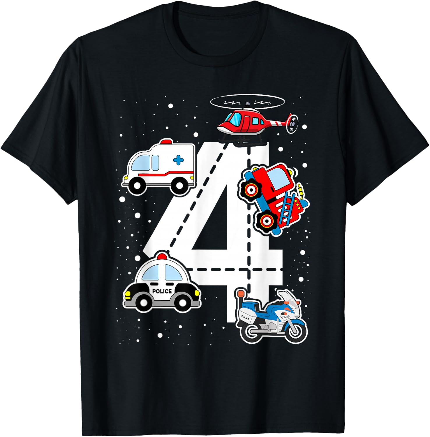 Emergency Vehicles 4th Birthday Fire Truck Police Car Boys T-Shirt - T-Shirt | Black