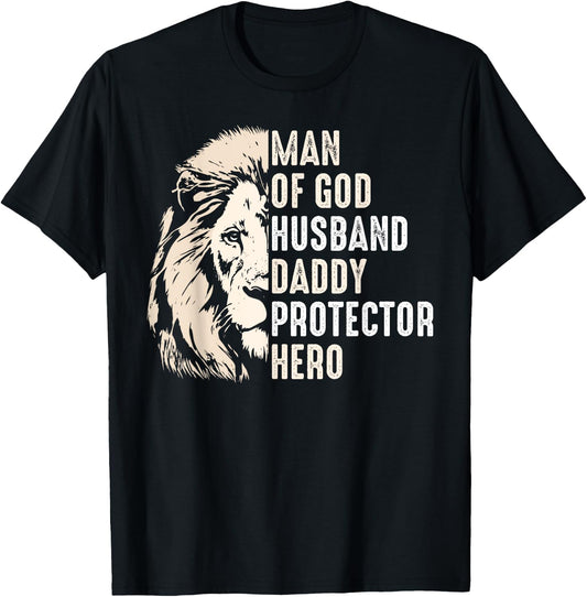 Man Of God Husband Daddy Protector Hero Lion Father's Day T-Shirt - T-Shirt | Black