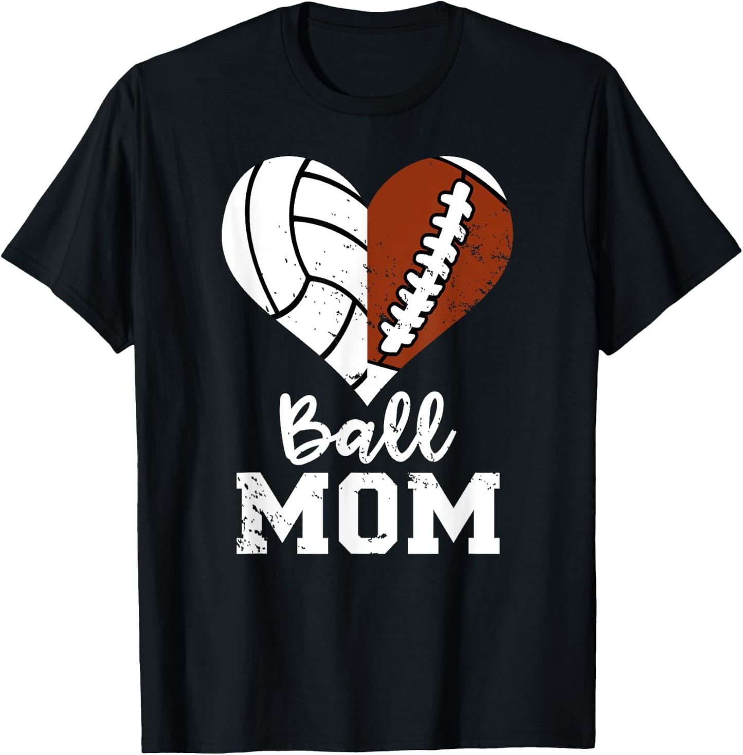 Ball Mom Heart Funny Football Volleyball Mom T-Shirt - T-Shirt | Black