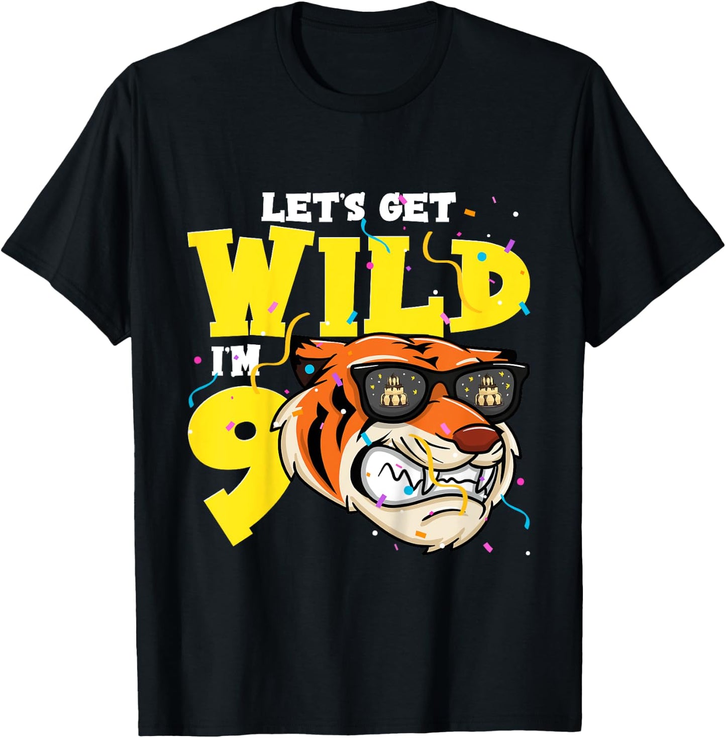 Kids 9th Birthday Tiger Lets Get Wild 9 Year Old Boy Girl T-Shirt - T-Shirt | Black