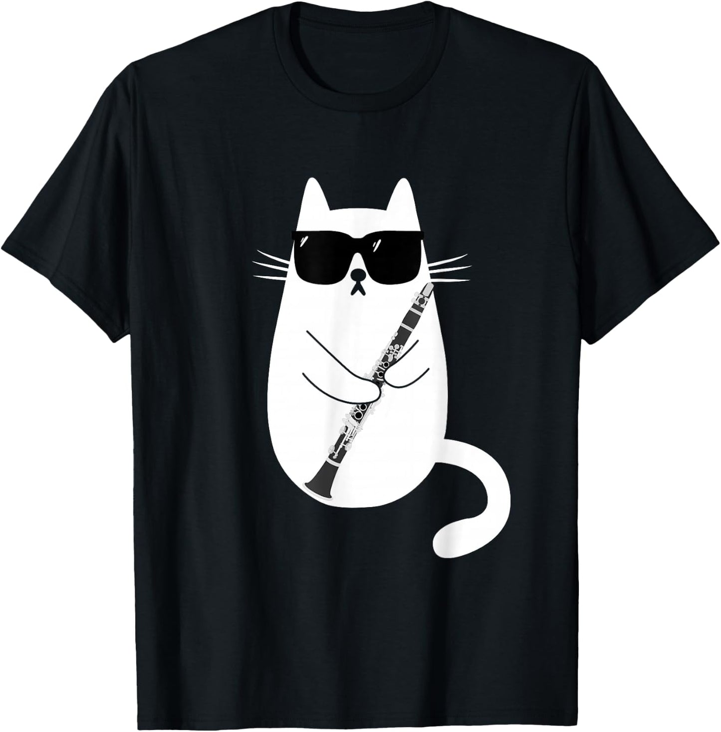 Funny Cat Wearing Sunglasses Playing Clarinet Musician T-Shirt - T-Shirt | Black
