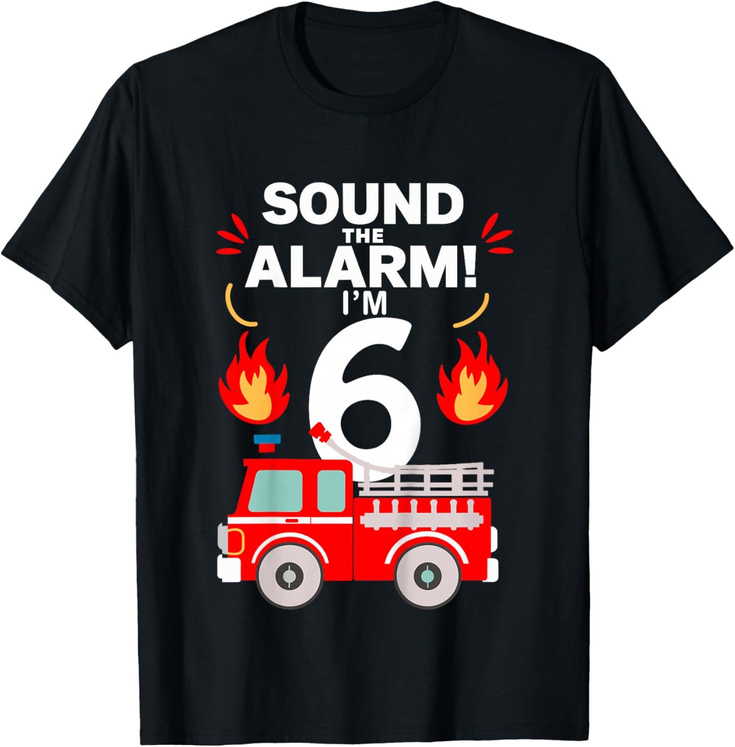 Kids 6th Birthday Fire Truck 6 Year Old Birthday Boy Firefighter T-Shirt - T-Shirt | Black