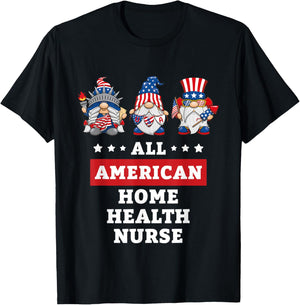 Home Health Nurse Gnomes July 4th American Flag USA T-Shirt - T-Shirt | Black