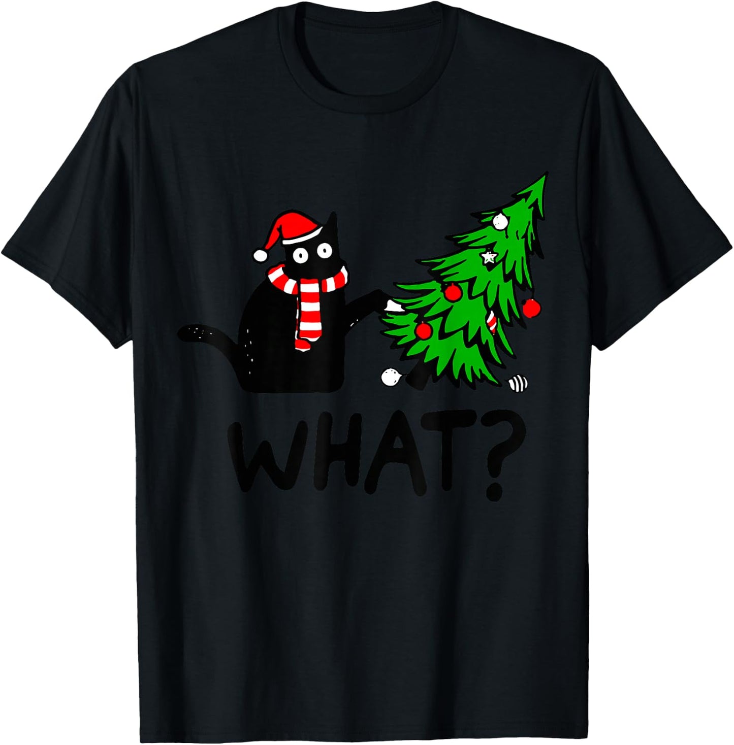 Funny Black Cat Gift Pushing Christmas Tree Over Cat What? Small T-Shirt - T-Shirt | Black