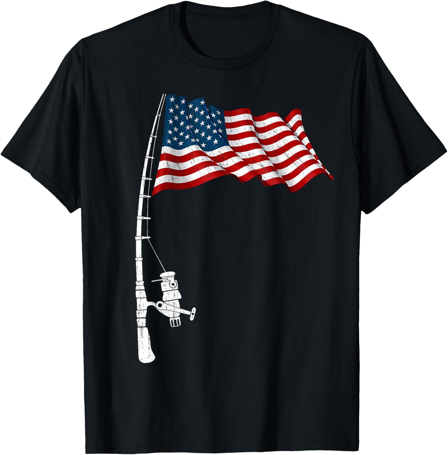 Vintage Fishing Rod American Flag Funny Fishing 4th of July Men T-Shirt - T-Shirt | Black