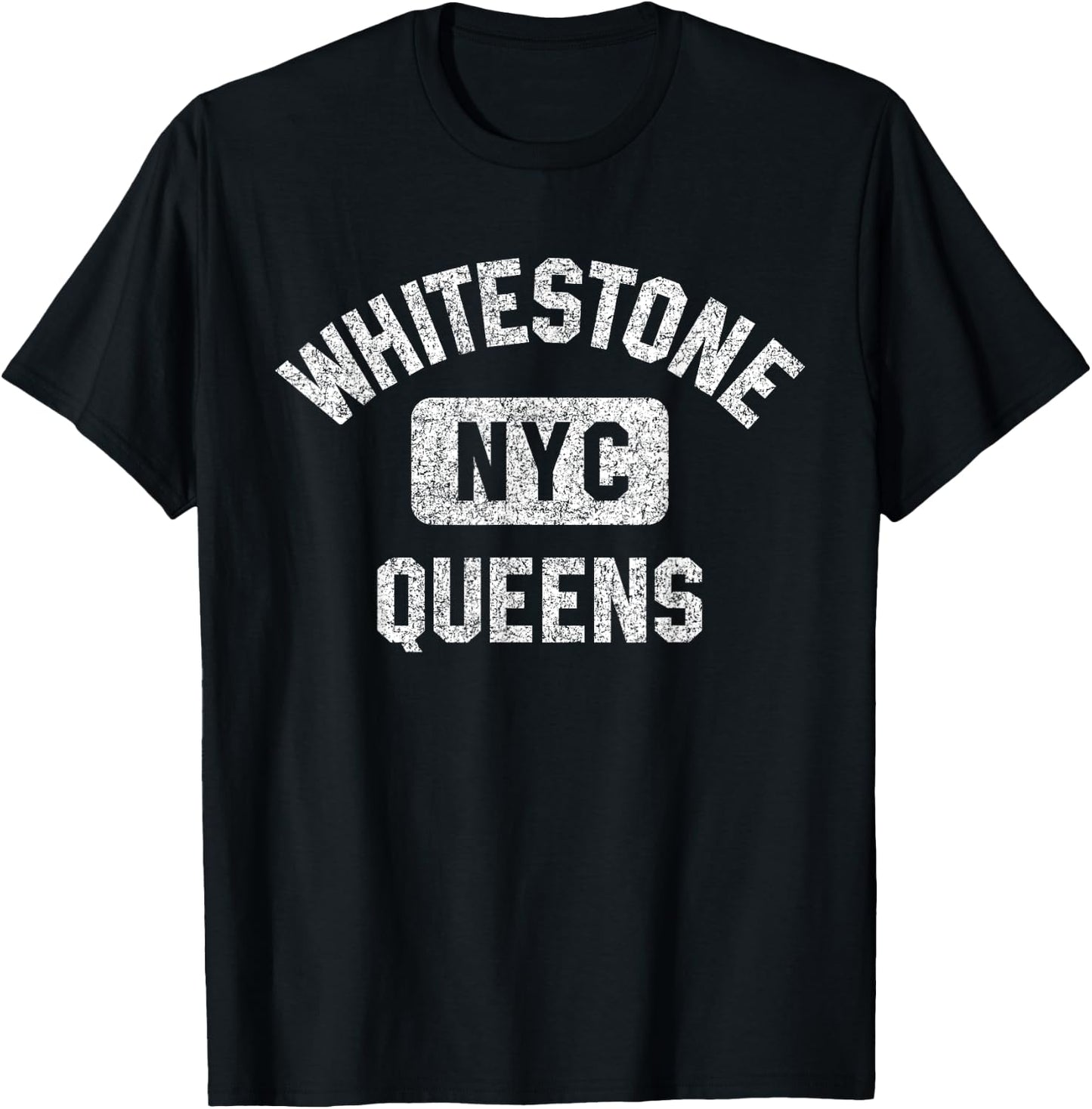 Whitestone Queens NYC Gym Style Distressed White Print T-Shirt - T-Shirt | Black