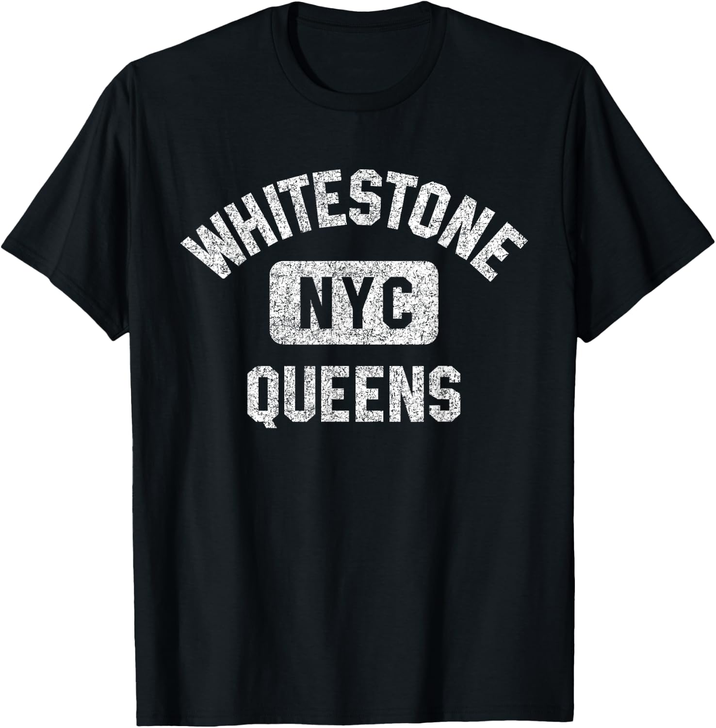 Whitestone Queens NYC Gym Style Distressed White Print T-Shirt - T-Shirt | Black
