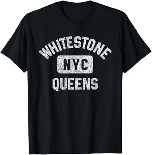 Whitestone Queens NYC Gym Style Distressed White Print T-Shirt - T-Shirt | Black
