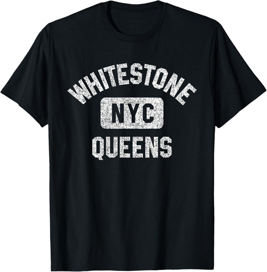 Whitestone Queens NYC Gym Style Distressed White Print T-Shirt - T-Shirt | Black