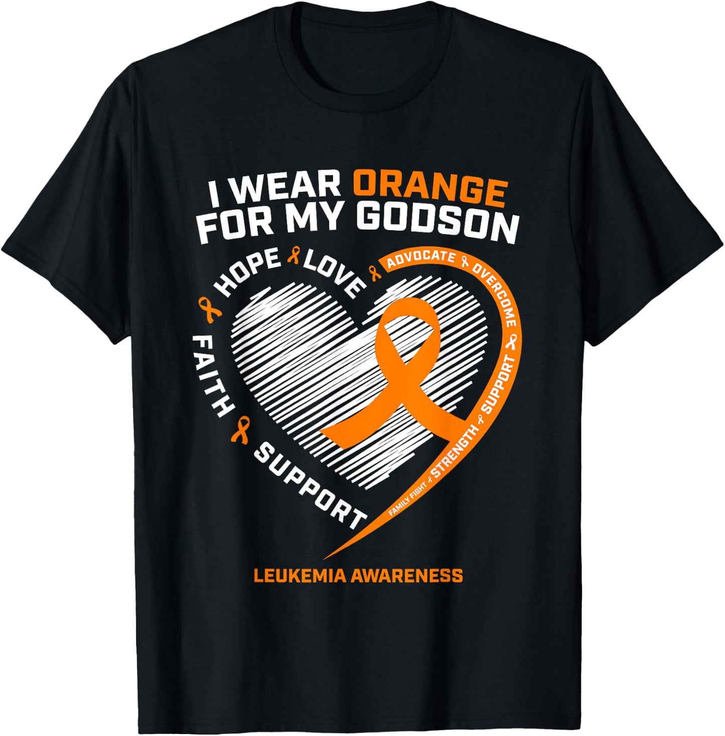 I Wear Orange For My Godson Leukemia Cancer Awareness Heart T-Shirt - T-Shirt | Black