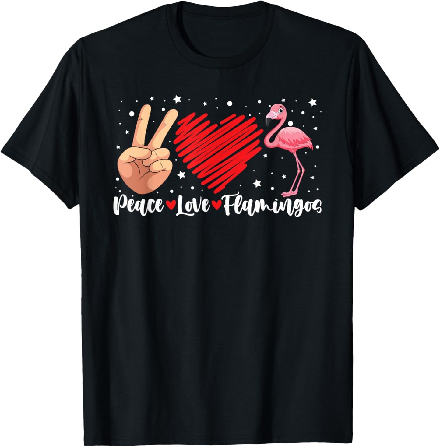 Peace Love Flamingo Hand Sign Heart Flamingo Lovers T-Shirt - T-Shirt | Black