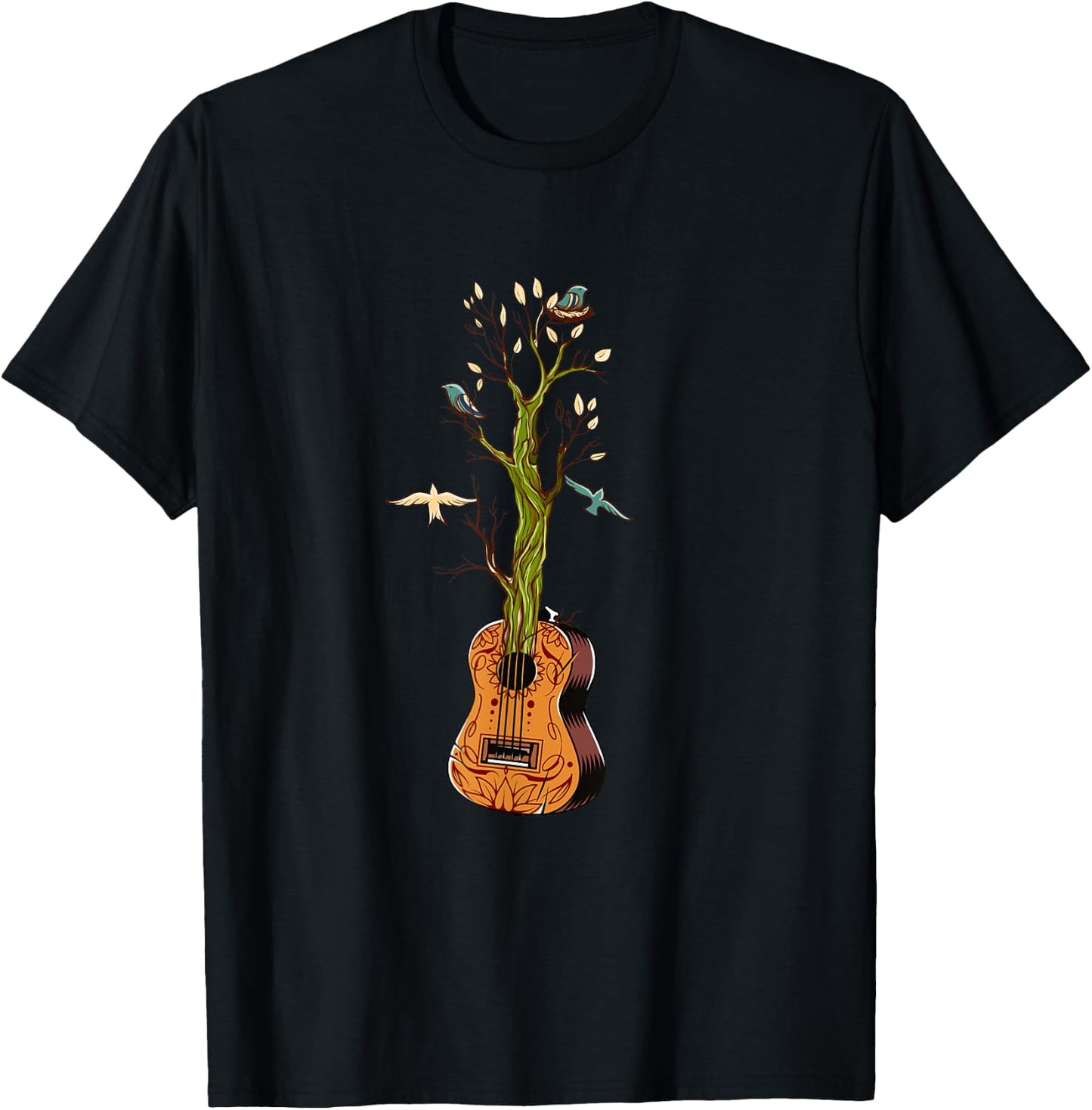 Flowers Birds Tree Nature Guitar T-Shirt - T-Shirt | Black