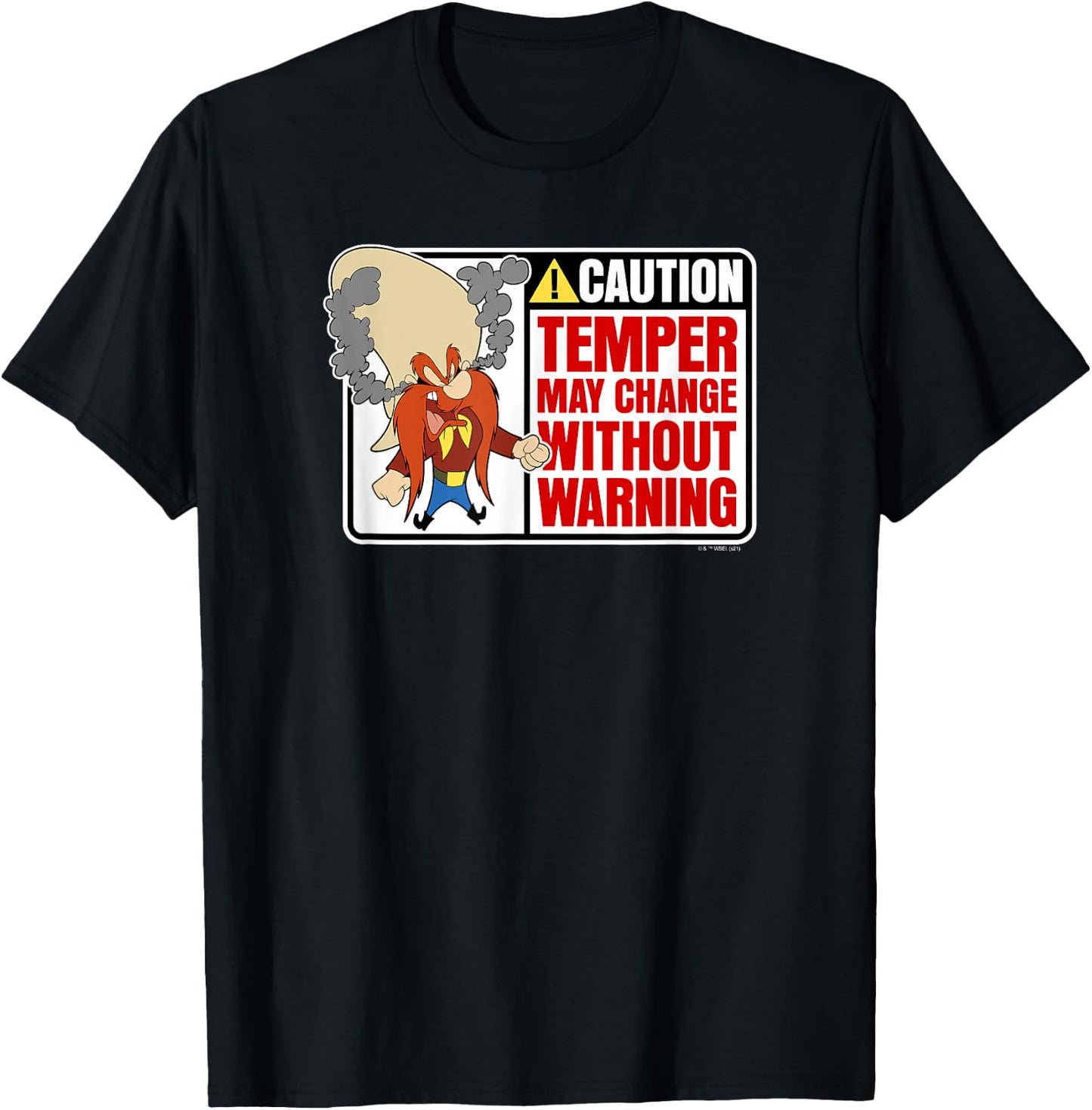 Looney Tunes Yosemite Sam Caution Temper May Change Sign T-Shirt - T-Shirt | Black