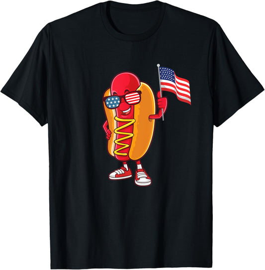 Patriotic Hot Dog - USA American Flag 4th of July Fourth T-Shirt - T-Shirt | Black