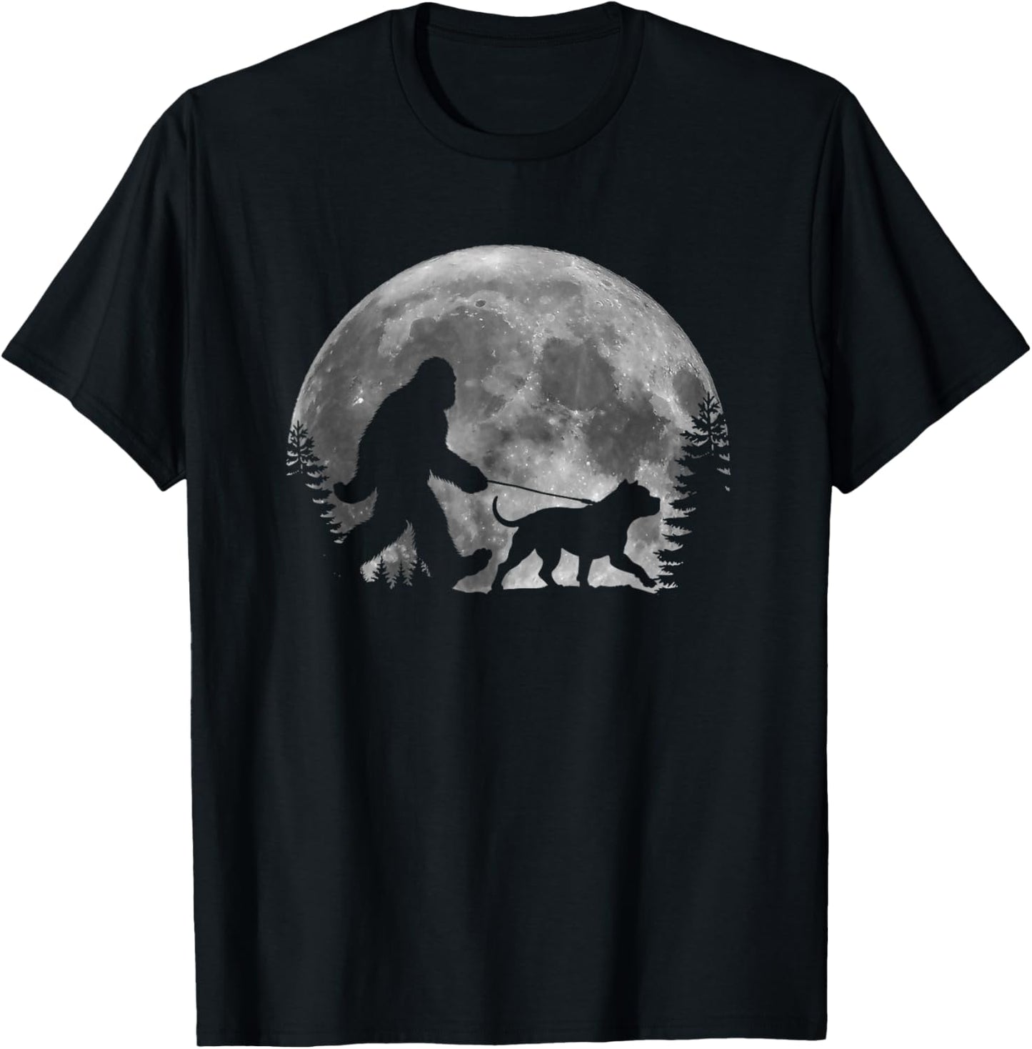 Bigfoot Walking a Dog Funny Pit Bull Lovers Moon Halloween Men Women Kids T-Shirt - T-Shirt | Black