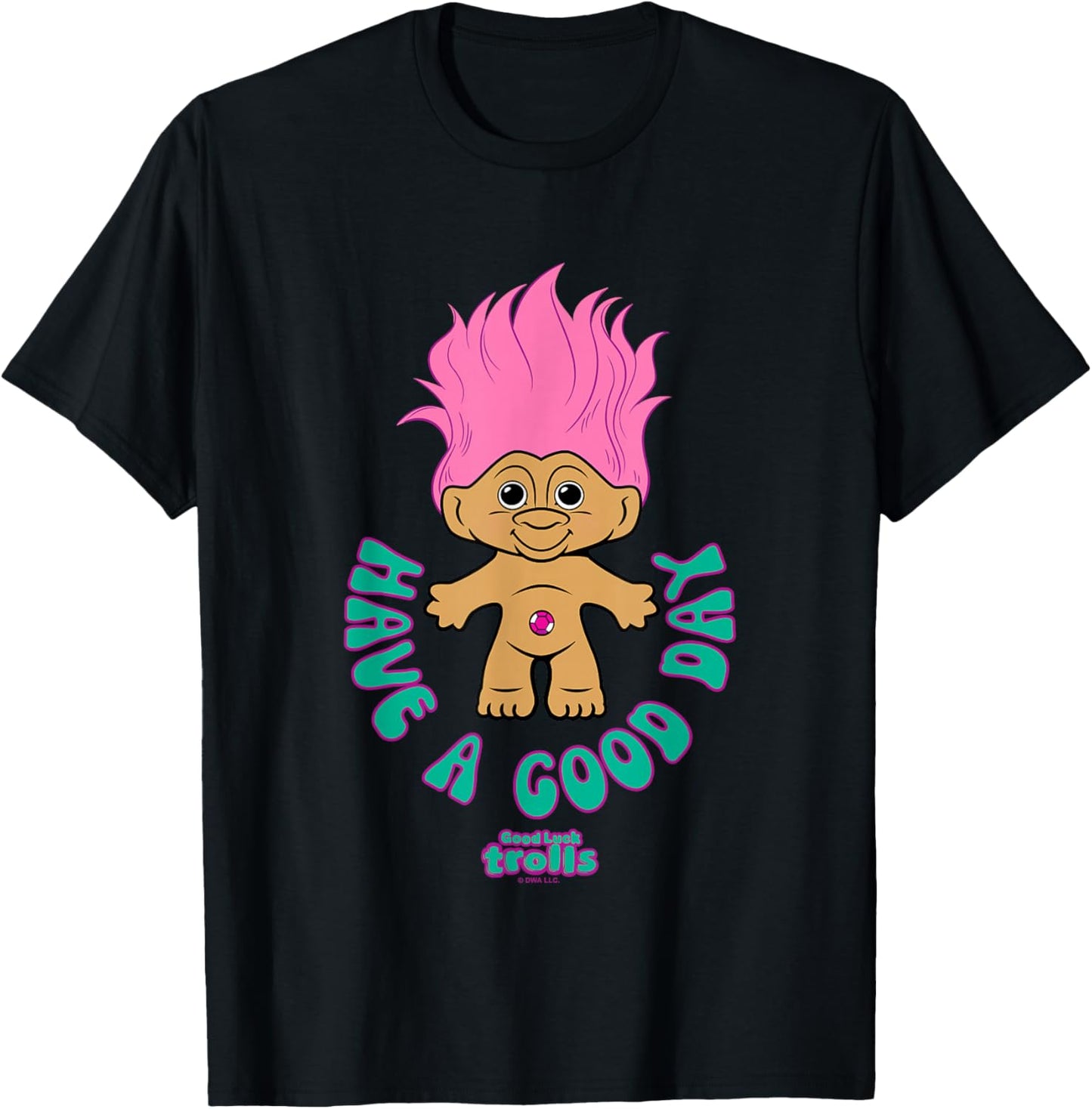 Good Luck Trolls Have A Good Day Cute Pink Troll Chest Logo T-Shirt - T-Shirt | Black