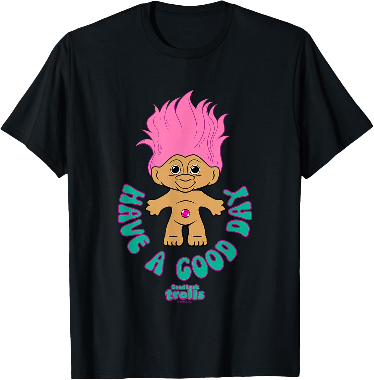 Good Luck Trolls Have A Good Day Cute Pink Troll Chest Logo T-Shirt - T-Shirt | Black