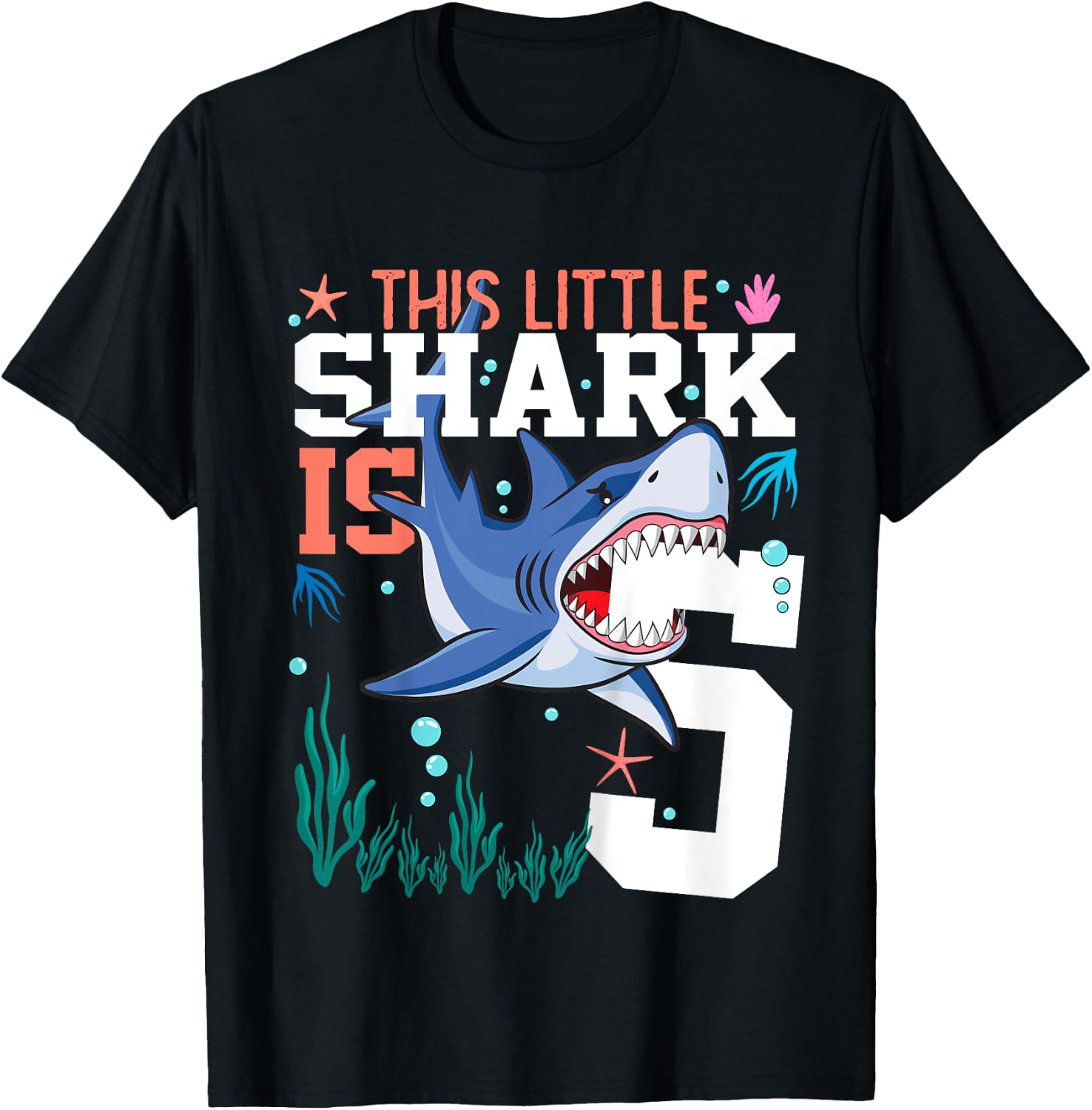 Turning 5 Year Old Birthday Gift Boy Shark 5th Bday Girl T-Shirt - T-Shirt | Black