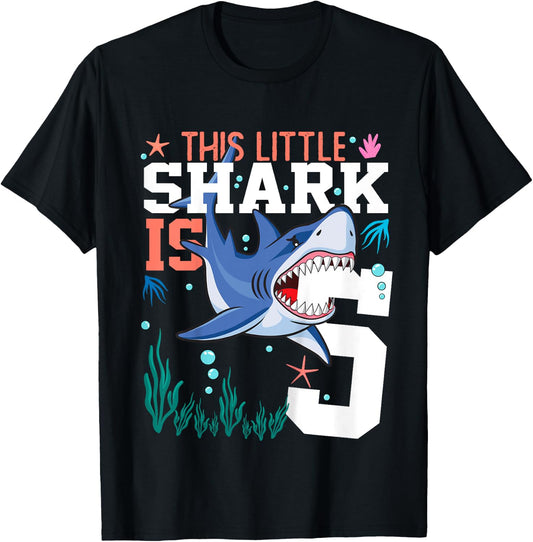 Turning 5 Year Old Birthday Gift Boy Shark 5th Bday Girl T-Shirt - T-Shirt | Black