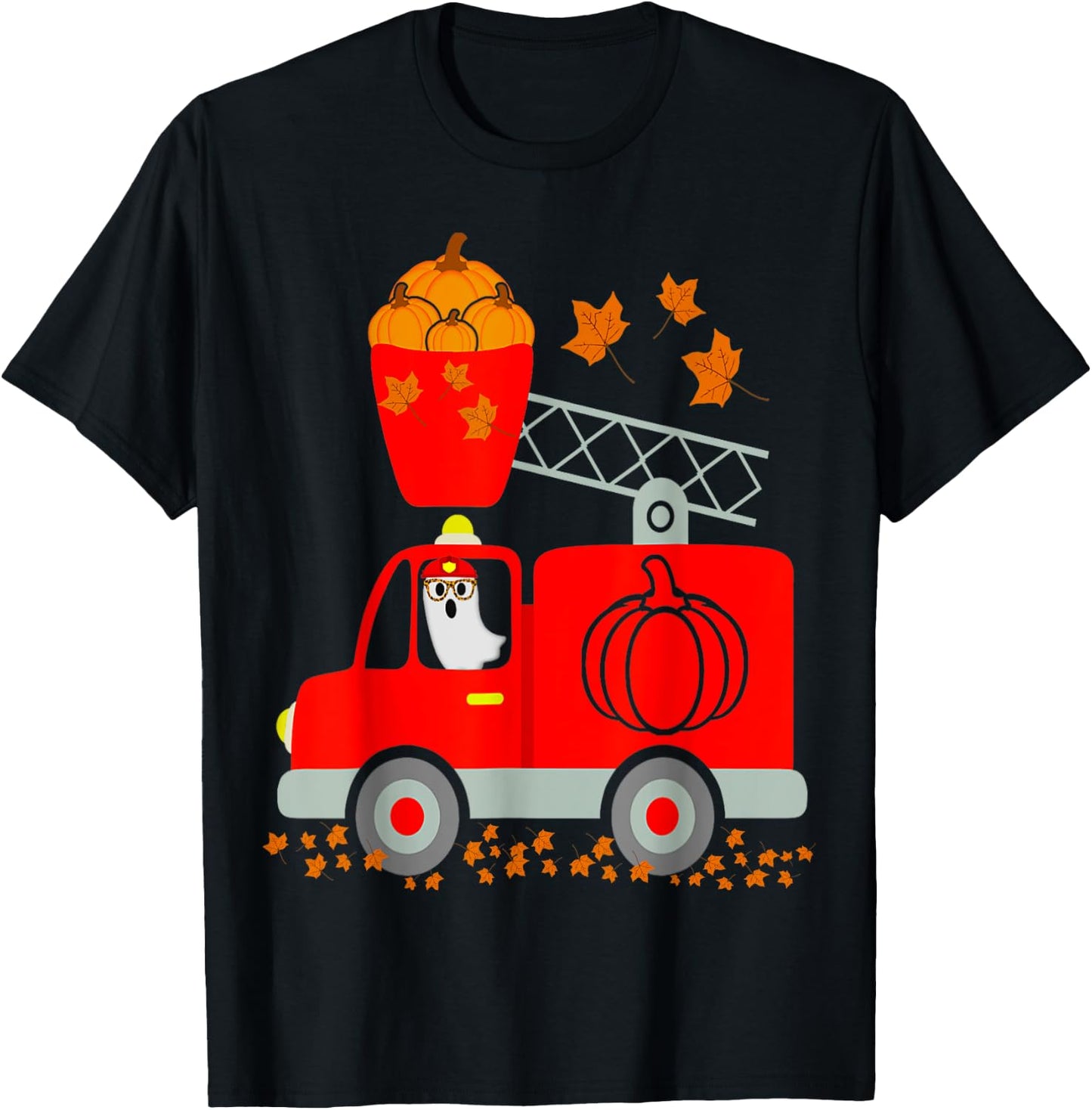 Funny Ghost Pumpkin Fire Truck Halloween For Son Kids Adult T-Shirt - T-Shirt | Black