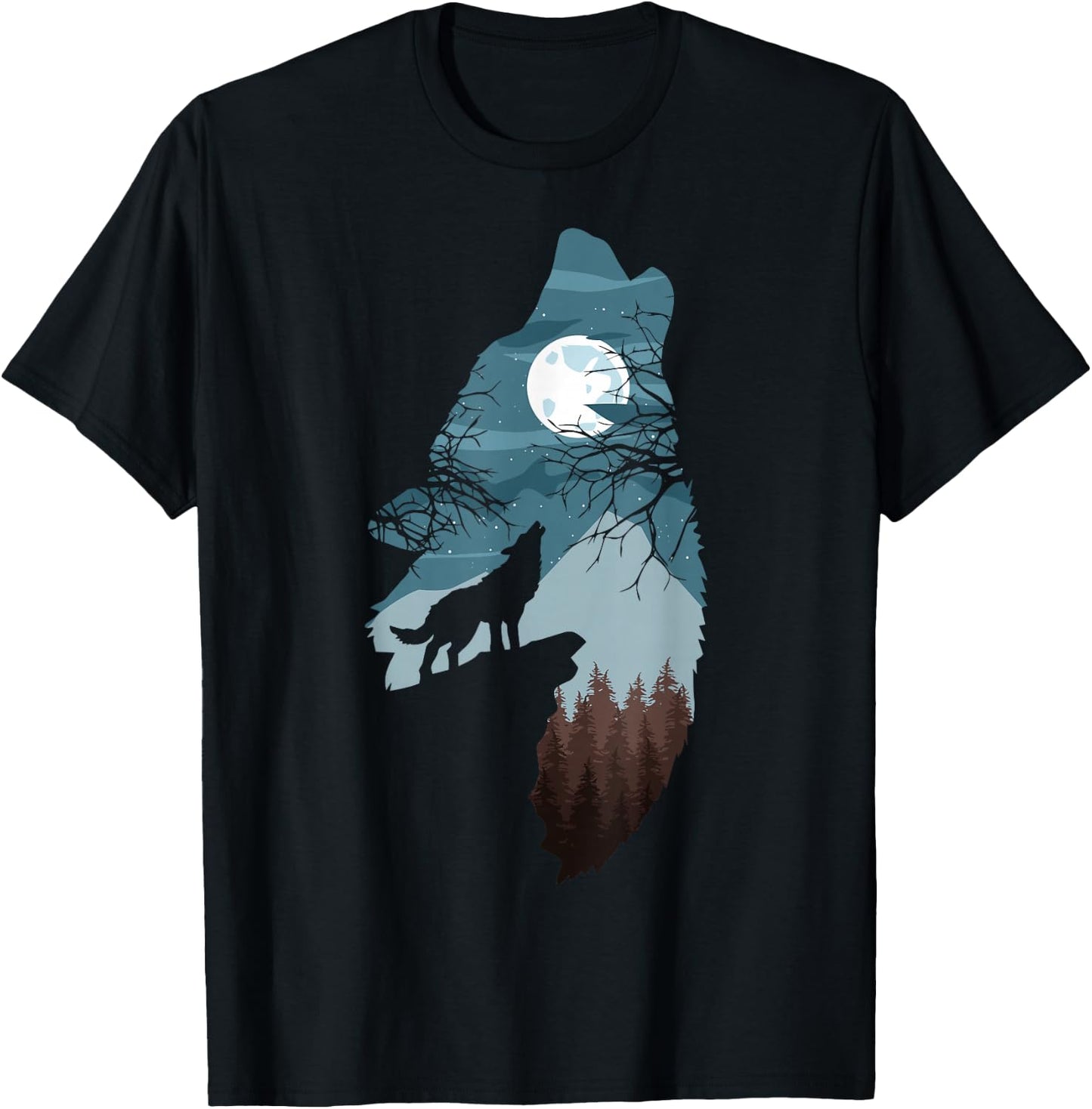 Forest with Full-Moon and Cliff of Silhouette Howling Wolf T-Shirt - T-Shirt | Black