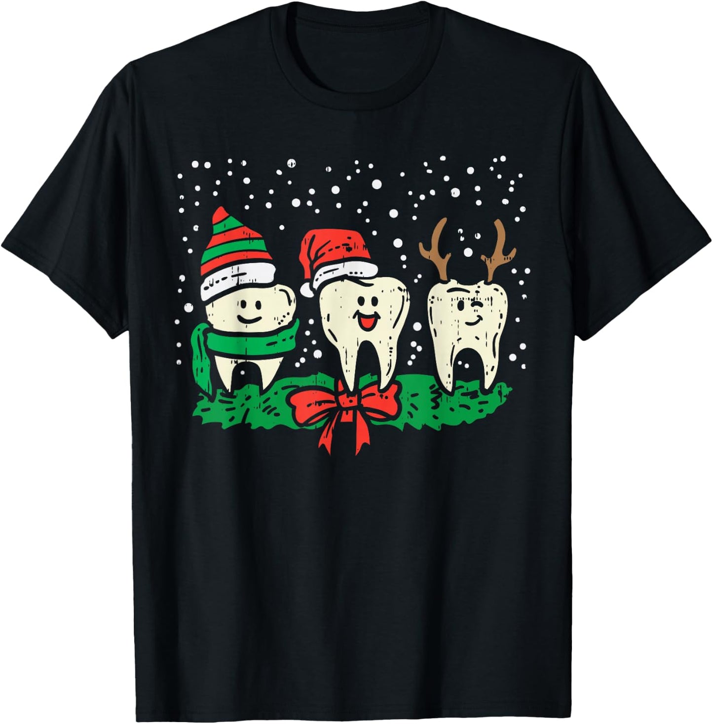 Dental Cute Christmas Teeth Reindeer Santa Snow Dentist Gift T-Shirt - T-Shirt | Black