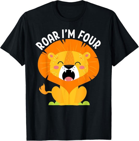 Roar I'm 4 4th Birthday Roaring Lion Safari Jungle Animal T-Shirt - T-Shirt | Black