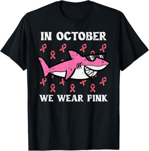 October We Wear Pink Shark Breast Cancer Awareness Boys Kids T-Shirt - T-Shirt | Black