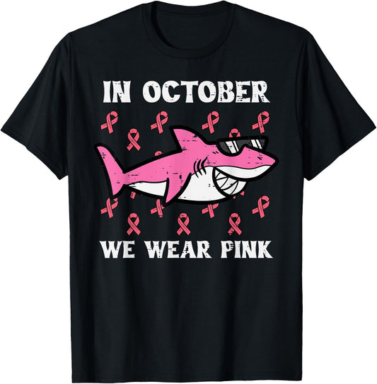 October We Wear Pink Shark Breast Cancer Awareness Boys Kids T-Shirt - T-Shirt | Black