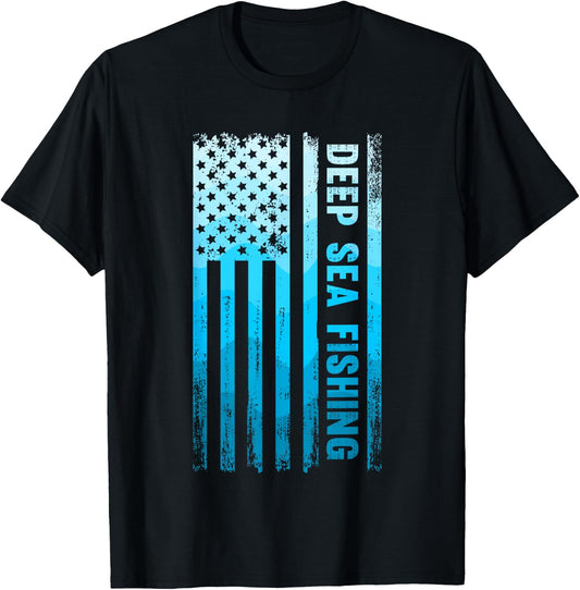 Deep Sea Fishing USA Flag Deep Sea Fishing Rod Man Saltwater T-Shirt - T-Shirt | Black