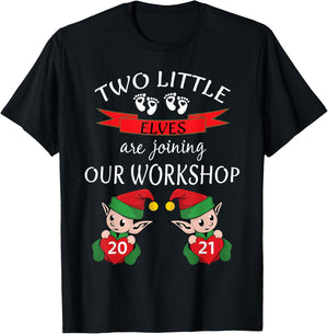 Cute 2021 Twins Christmas Pregnancy New Mom Baby Reveal Elf T-Shirt - T-Shirt | Black