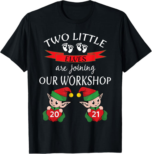 Cute 2021 Twins Christmas Pregnancy New Mom Baby Reveal Elf T-Shirt - T-Shirt | Black