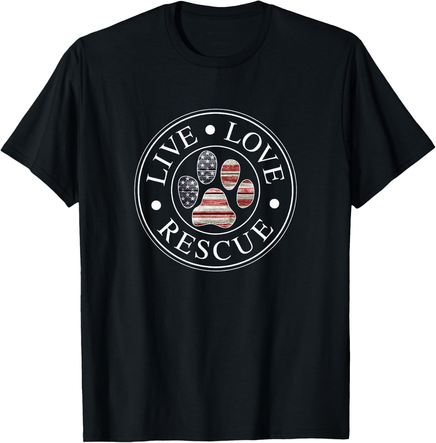 Live Love Rescue Patriotic American Flag Dog Paw Emblem T-Shirt - T-Shirt | Black