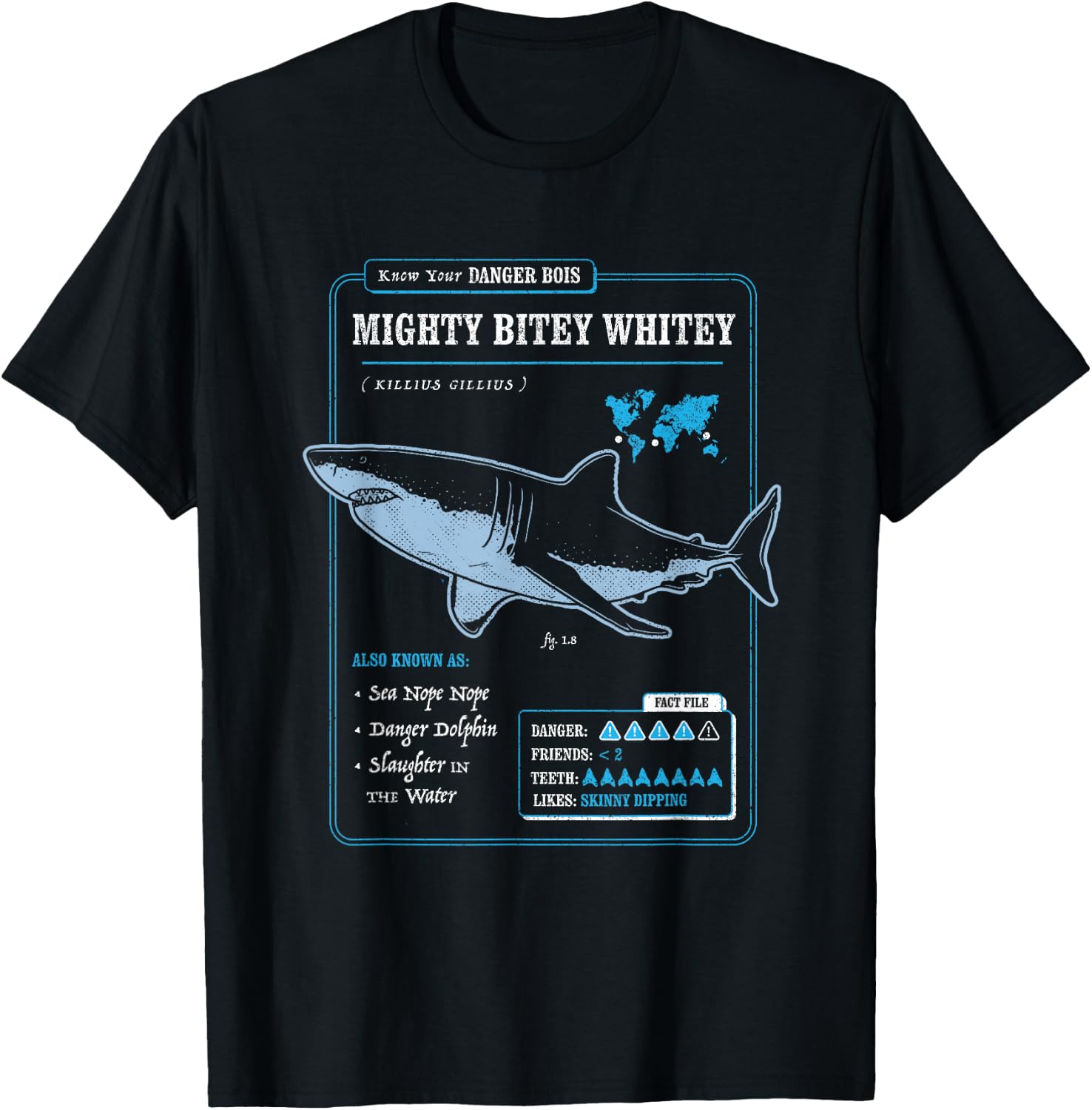 Know Your Mighty Bitey Whitey (AKA Great White Shark) T-Shirt - T-Shirt | Black