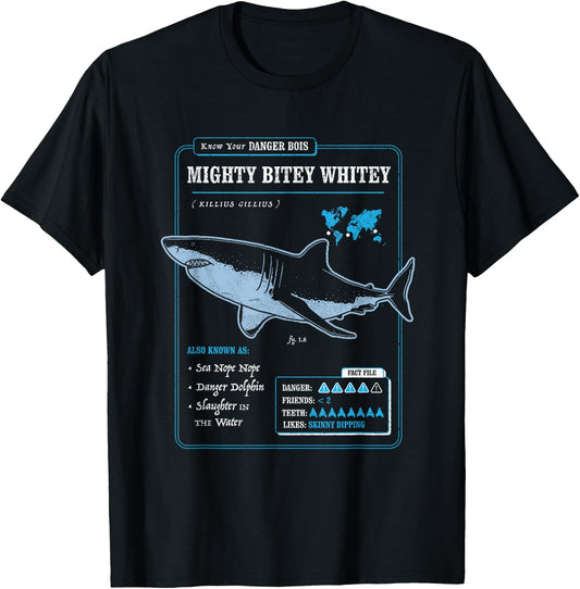 Know Your Mighty Bitey Whitey (AKA Great White Shark) T-Shirt - T-Shirt | Black