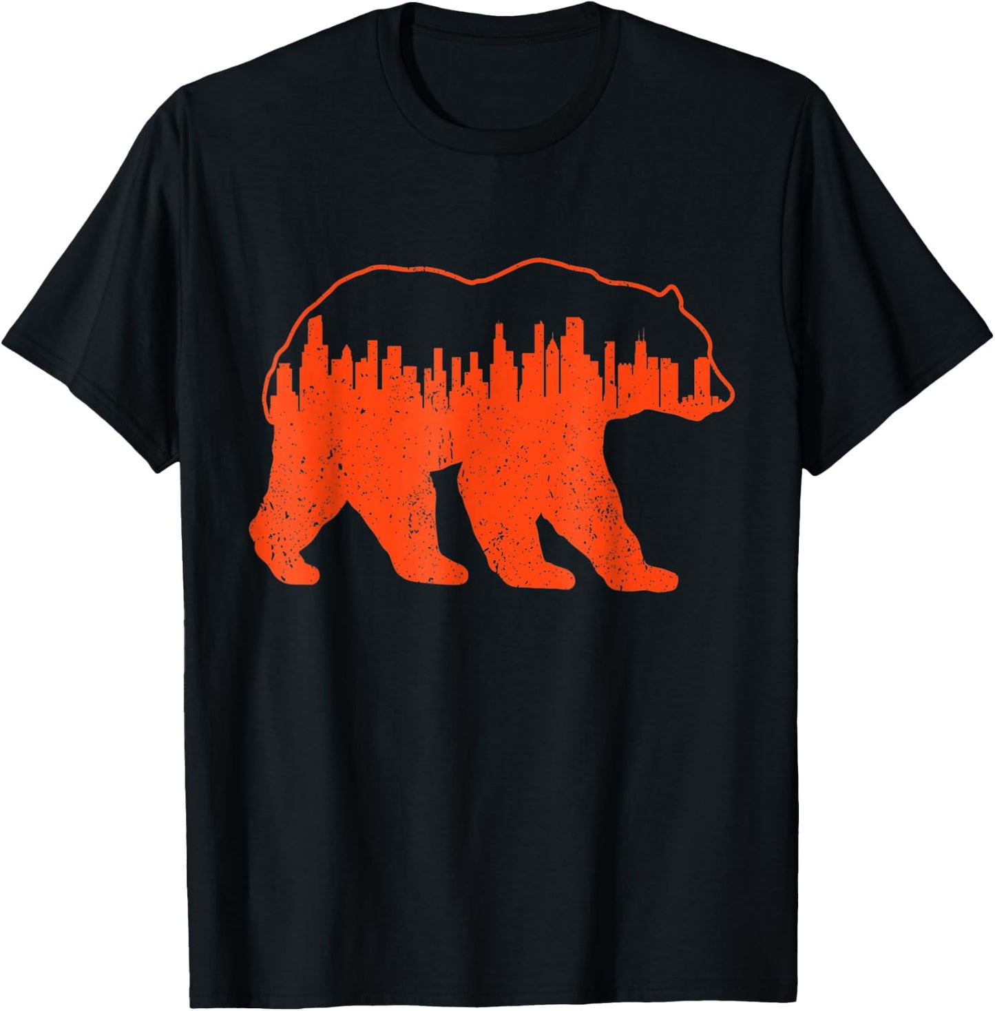 Vintage Downtown Chicago City Skyline Walking-Bear Novelty T-Shirt - T-Shirt | Black