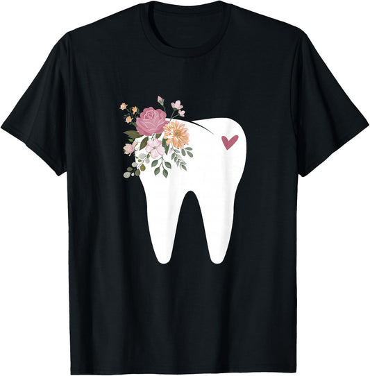 Dentist Dental Assistant Oral Hygienist Tooth Flower T-Shirt - T-Shirt | Black