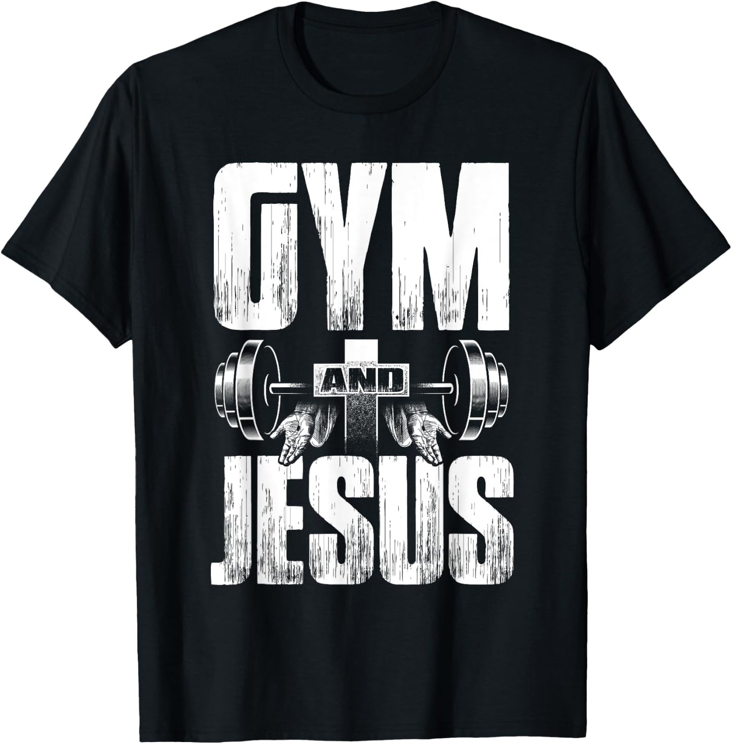 Fitness Fanatic By Pemissa Religious Workout Gym Jesus Barbell Lifting Weights Black Modern Letter Print T-Shirt - T-Shirt | Black
