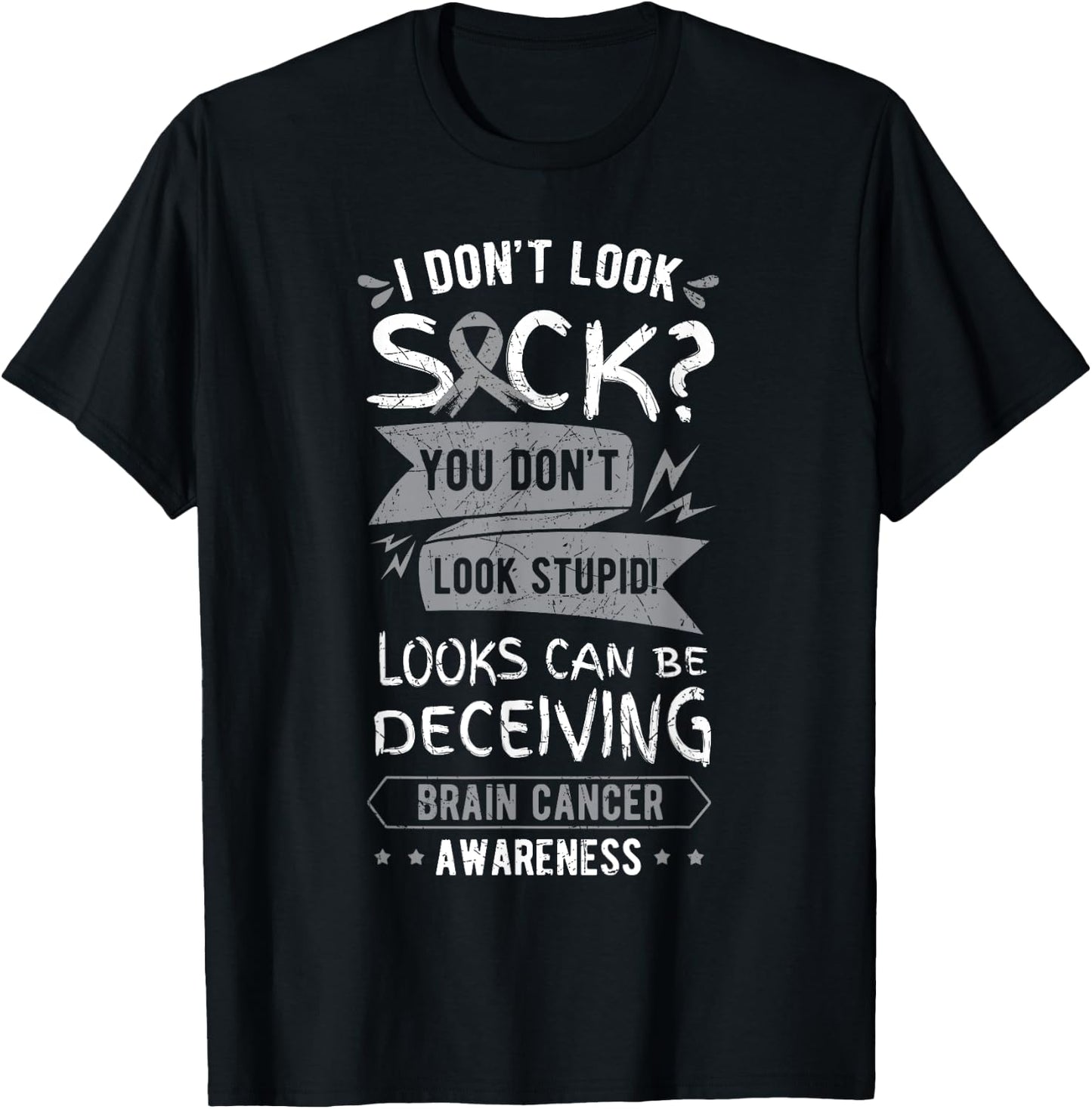 Brain Cancer Awareness Gray Ribbon Tumor Patient Survivor T-Shirt - T-Shirt | Black