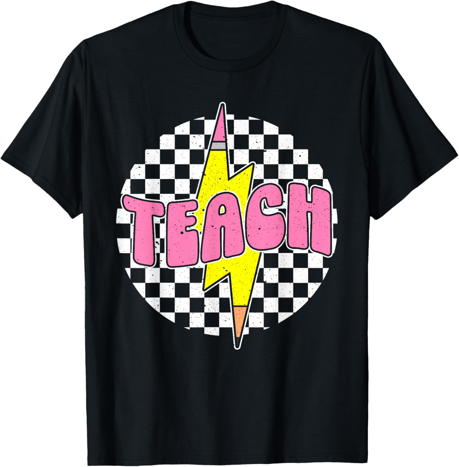 Checkered Teach Pencil Lightning Bolt Back To School T-Shirt - T-Shirt | Black