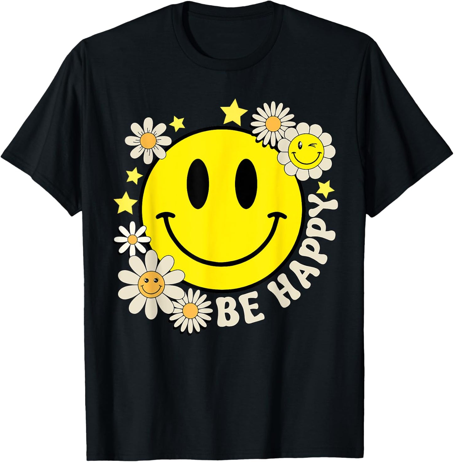 Cute Smile Face Flower Happy Face Flowers Heart Kids Girls T-Shirt - T-Shirt | Black