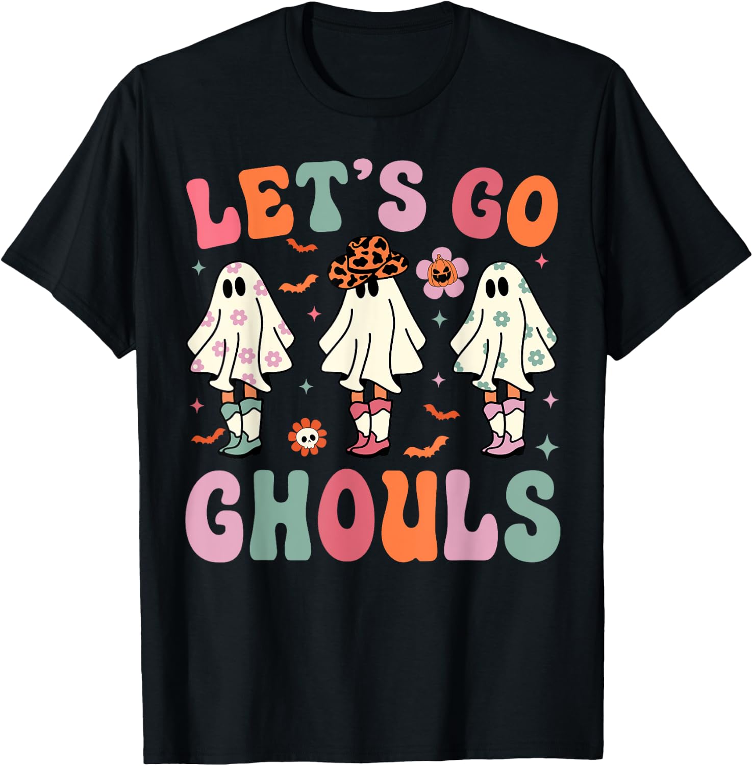 Let's Go Ghouls Ghost Cowgirls Groovy Halloween Party T-Shirt - T-Shirt | Black