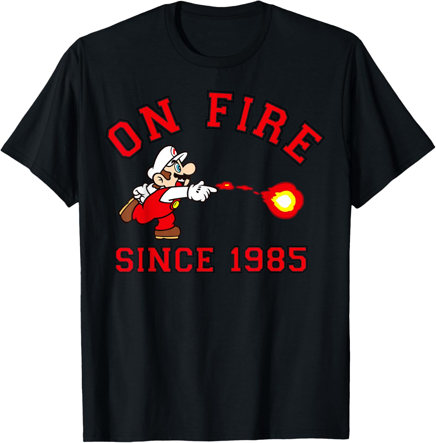 Super Mario Bros On Fire Since 1985 Red Text Collegiate T-Shirt - T-Shirt | Black