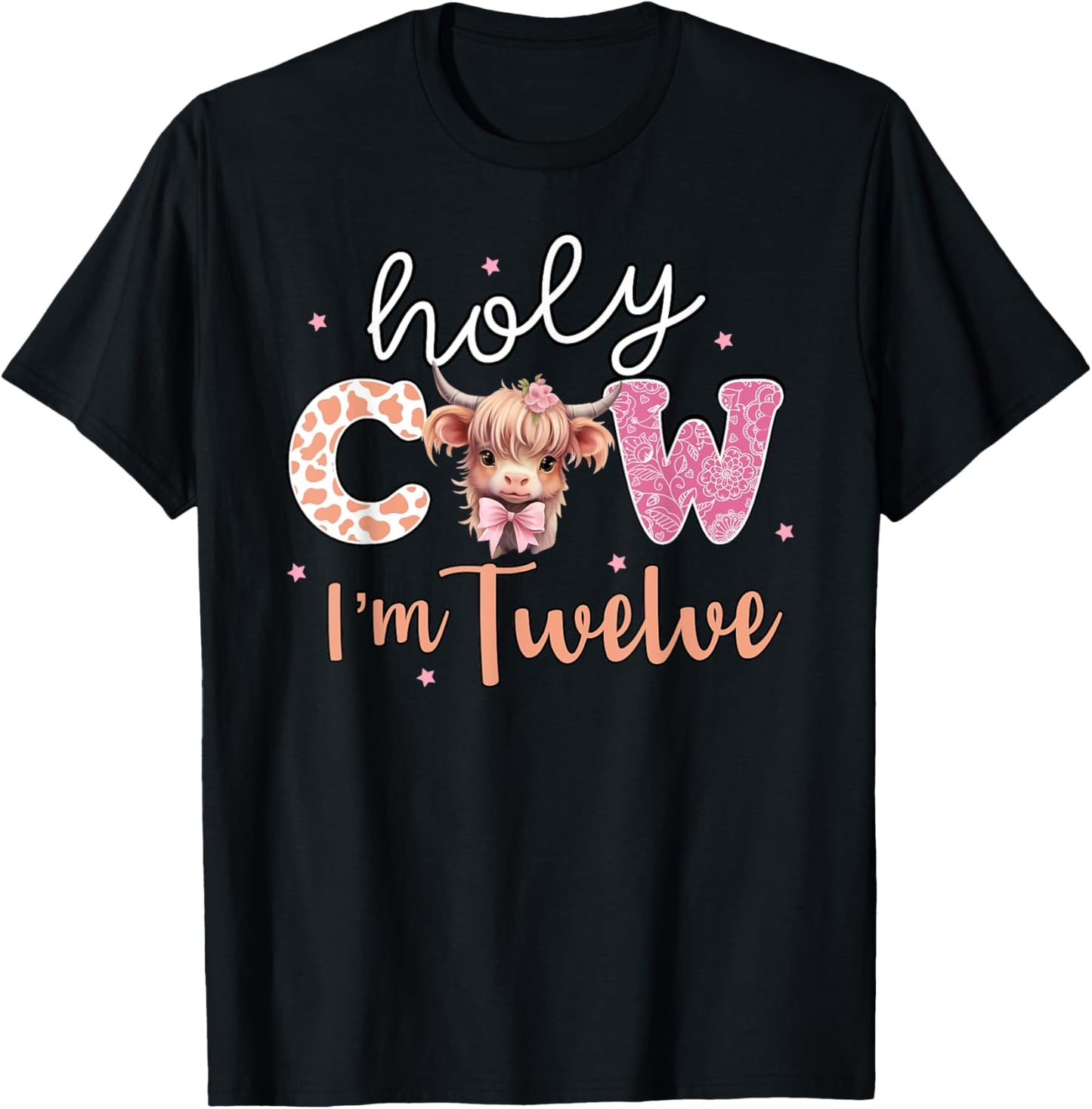 12th Birthday Shirt For Girls 12 Year Old Highland Cow Print T-Shirt - T-Shirt | Black