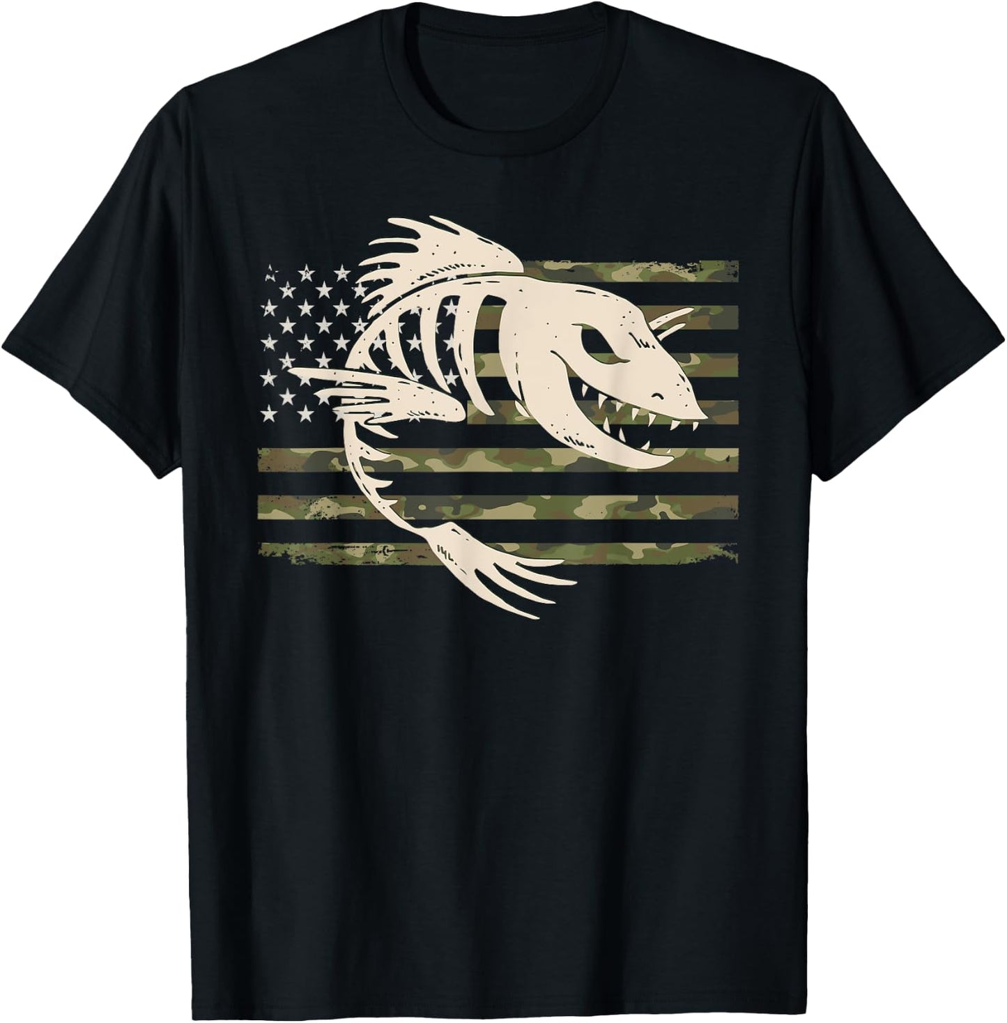Fish Bones Skeleton Camo US American Flag Camouflage Fishing Men T-Shirt - T-Shirt | Black