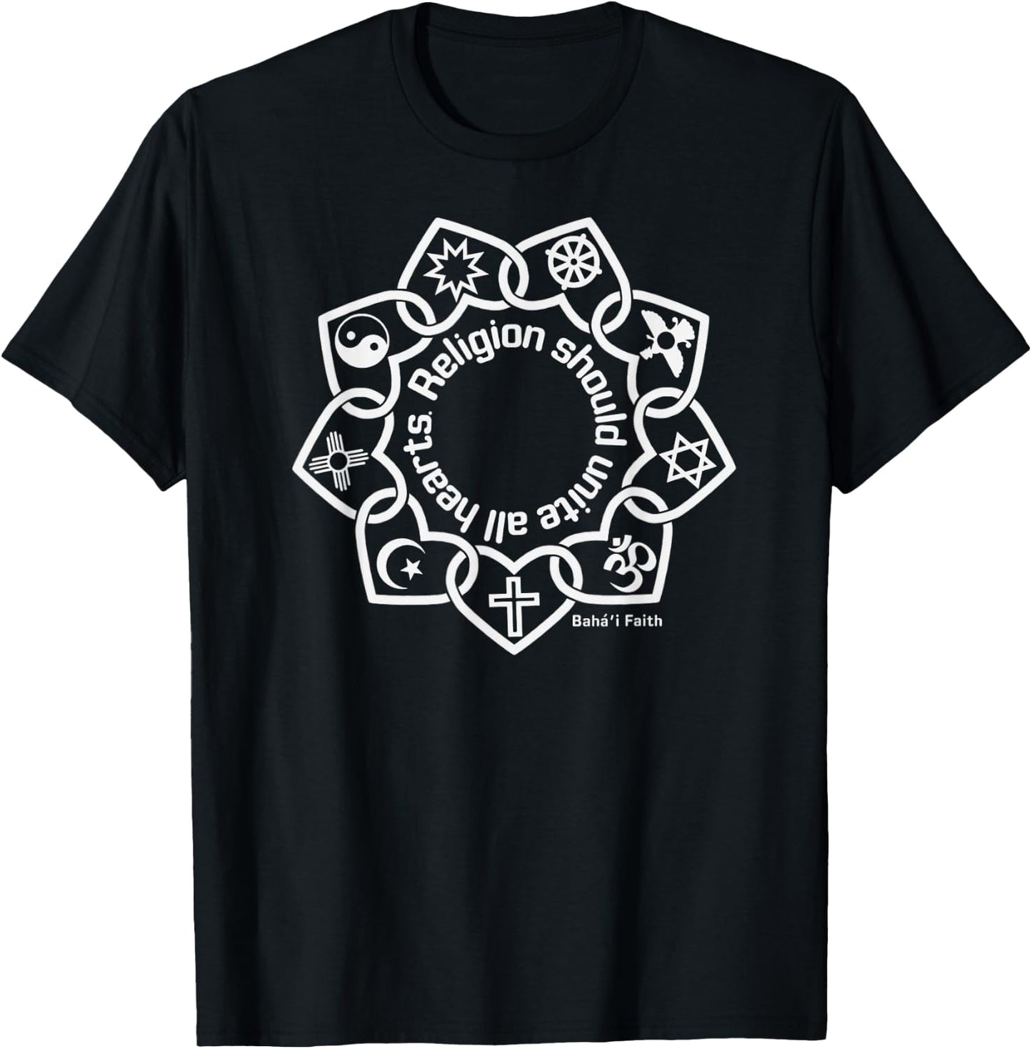 Religion Should Unite All Hearts Symbols Baha’i Quote T-Shirt - T-Shirt | Black