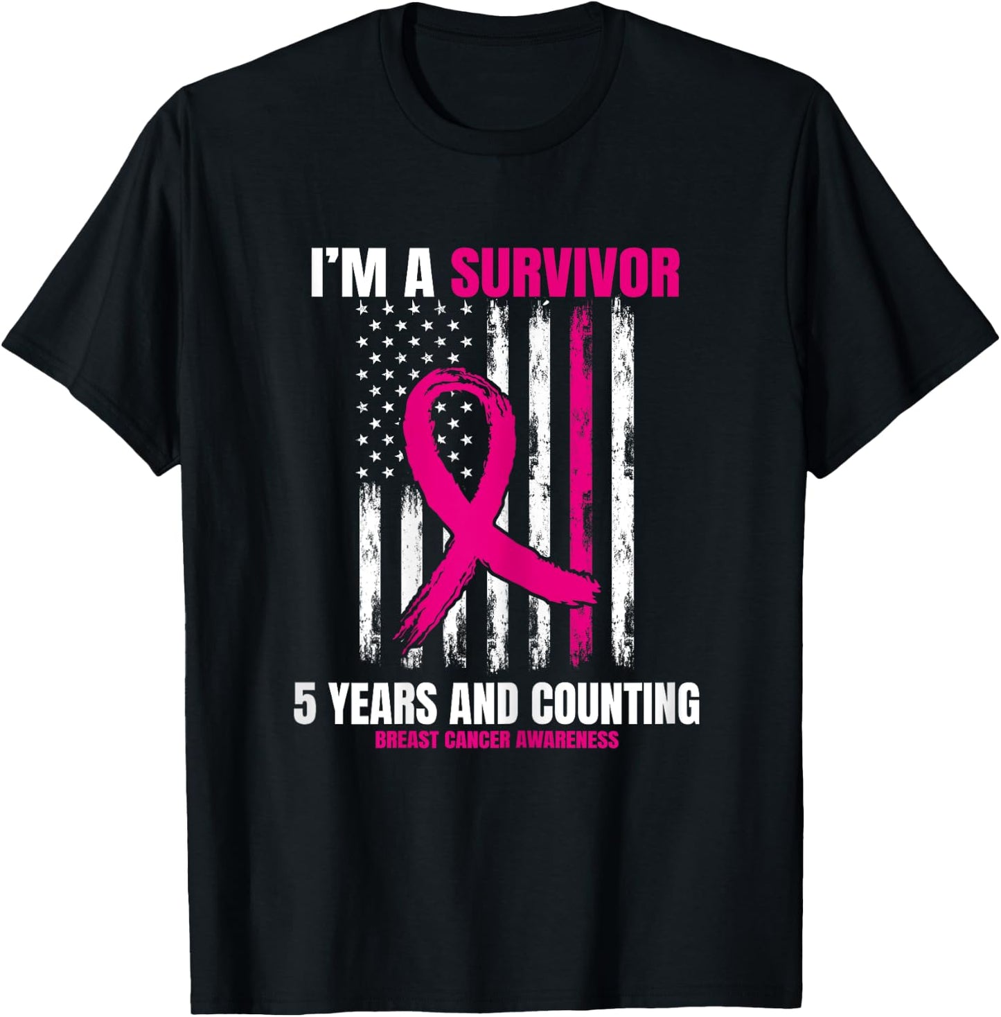 Pink Breast Cancer Survivor Gifts 5 Years Free American Flag T-Shirt - T-Shirt | Black