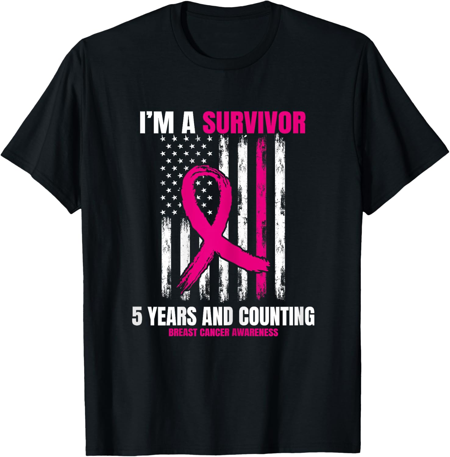 Pink Breast Cancer Survivor Gifts 5 Years Free American Flag T-Shirt - T-Shirt | Black