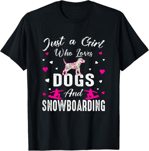 Just A Girl Who Loves Dogs And Snowboarding Dog Lover Girl T-Shirt - T-Shirt | Black