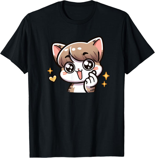 Funny Cat Cartoon Finger-heart K-pop Korean Men Women Kids T-Shirt - T-Shirt | Black